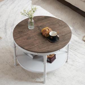 imageVINGLI 315quot Dark Walnut White Round Farmhouse Coffee Table 2Tier Storage Wood Center Circle Accent Table for Living Room Bedroom Apartment Studio and Small Spaces Sturdy Metal FrameDark Walnut