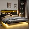 imageVINGLI Floating Bed Frame Twin Bed with Charging Station and LED LightsTwin Metal Bed FrameCozy Hidden Storage Velvet Upholstered HeadboardNo Box Spring NeededEasy AssemblyBlackBlack