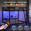 imageVINGLI Loft Bed Twin Size with USB Charging StationLED Solid Wood Single Loft Bunk Bed with Flat Rungs for KidsTeensAdults 15 inches High GuardrailWood Slat Support No Box Spring Needed WhiteBlack
