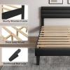 imageVINGLI Platform Bed Frame Queen Size with Linen Fabric HeadboardModern Panel Low Profile Bed with Upholstered ampamp Sturdy Slats Support for Bedroom Mattress Foundation Dark GrayLeather Black