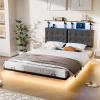 imageVINGLI Twin Size Floating Metal Bed Frame with LEDampamp Charging Station Hanging Linen HeadboardComfortable Cushion10 Platform Bed for Kids Teens Adults No Box Spring Needed Dark GrayGrey