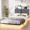 imageVINGLI Twin Size Floating Metal Bed Frame with LEDampamp Charging Station Hanging Linen HeadboardComfortable Cushion10 Platform Bed for Kids Teens Adults No Box Spring Needed Dark GrayGrey