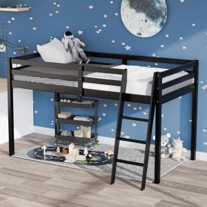 imageVINGLI 47 Tall Junior Low Loft Bed with Stairs White Wood Loft Bed Twin Size for Adults Kids and Young Teens No Box Spring RequiredWood Slat SupportBlack