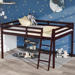 imageVINGLI 47 Tall Junior Low Loft Bed with Stairs White Wood Loft Bed Twin Size for Adults Kids and Young Teens No Box Spring RequiredWood Slat SupportEspresso