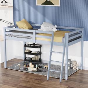 imageVINGLI 47 Tall Junior Low Loft Bed with Stairs White Wood Loft Bed Twin Size for Adults Kids and Young Teens No Box Spring RequiredWood Slat SupportGrey