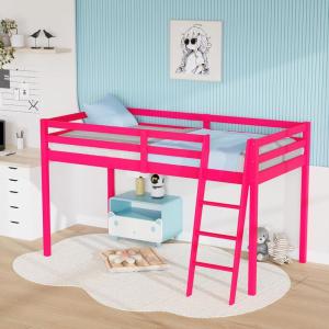 imageVINGLI 47 Tall Junior Low Loft Bed with Stairs White Wood Loft Bed Twin Size for Adults Kids and Young Teens No Box Spring RequiredWood Slat SupportPink