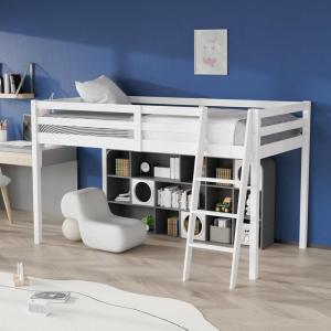 imageVINGLI 47 Tall Junior Low Loft Bed with Stairs White Wood Loft Bed Twin Size for Adults Kids and Young Teens No Box Spring RequiredWood Slat SupportWhite