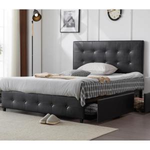 imageVINGLI Full Bed Frame with Headboard and 4 Storage Drawers Upholstered Platform with Stitched Button Tufted Design Mattress Foundation Wooden Slats Support No Box Spring NeededGreyBlack