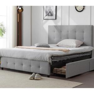 imageVINGLI Full Bed Frame with Headboard and 4 Storage Drawers Upholstered Platform with Stitched Button Tufted Design Mattress Foundation Wooden Slats Support No Box Spring NeededGreyLight Gray