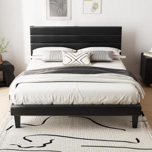 imageVINGLI Platform Bed Frame Queen Size with Linen Fabric HeadboardModern Panel Low Profile Bed with Upholstered ampamp Sturdy Slats Support for Bedroom Mattress Foundation Dark GrayLeather Black