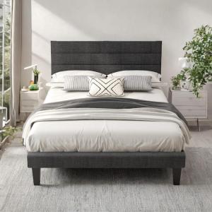 imageVINGLI Platform Bed Frame Queen Size with Linen Fabric HeadboardModern Panel Low Profile Bed with Upholstered ampamp Sturdy Slats Support for Bedroom Mattress Foundation Dark GrayLinen Grey