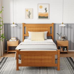 imageVINGLI Twin Bed Frame Solid Wood Platform Bed Frame Single Bed with Headboard No Box Spring Needed Panel Bed Wood Slat Support Mattress Foundation Brown