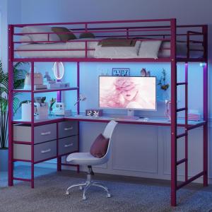 imageVINGLI Twin Loft Bed with LShaped Desk LED Lights Storage Shelves ampamp Drawers Charging Station Safety Guardrail ampamp Ladder Metal Frame for Kids Teens ampamp Adults No Box Spring Needed BlackBarbie Pink
