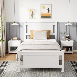imageVINGLI Wood Twin Bed Frame with Headboard Stylish Modern White Platform Single Panel Bed No Box Spring Needed Wooden Slat Support Mattress Foundation