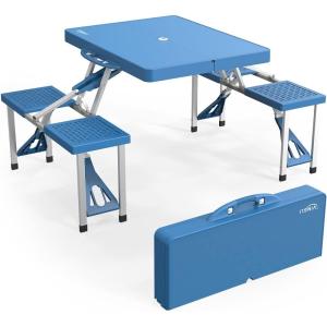 imageVINGLI 4 Ft Camping Picnic Table Set with 4 Seats with Umbrella Hole Folding Lightweight Suitcase Card Table220 Lbs Support Aluminum Frame Plastic RV Tabletop for BarbecueTravelOutingGatheringBlue