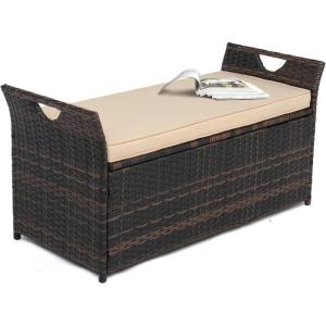 imageVINGLI 40 Gallon Outdoor Storage Bench with Cushion Rattan Storage Box Patio Wicker Deck Box with Seat for Garden  Balcony  Porch  Pool  Yard Brown Frame  Beige Cushion
