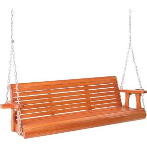 imageVINGLI Heavy Duty 880 LBS Patio Porch Swing Outdoor with Cup Holder Hanging Chair with Adjustable Secure Chains Pine Wood Outdoor Bench Tree Swing for Yard  Garden  Lawn  Balcony 5 FT Brown