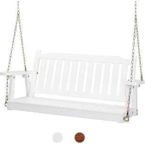 imageVINGLI Upgraded Heavy Duty 880 LBS 4 FT Patio Wooden Porch Swing Solid Fir Wood Outdoor Handing Swing Bench for Garden  Yard  Balcony  Tree RusticWhite