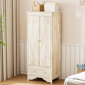 imageVINGLI 38quot Wide White Armoire Wardrobe with Hanging Rod Shelves Drawer  Freestanding Closet for Bedroom Dorm  21quotD x 38quotW x 65quotHNatural