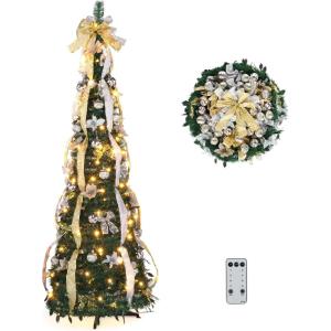 imageVINGLI 6ft Pre lit Pop Up Christmas Tree with Lights PreDecorated Artificial Pencil Xmas Tree Collapsible Christmas Tree Holiday Party Decorations RedampampGoldGold  Silver