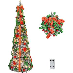 imageVINGLI 6ft Pre lit Pop Up Christmas Tree with Lights PreDecorated Artificial Pencil Xmas Tree Collapsible Christmas Tree Holiday Party Decorations RedampampGoldFlock Red  Green