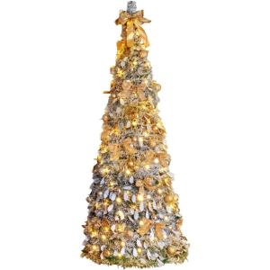 imageVINGLI 6ft Pre lit Pop Up Christmas Tree with Lights PreDecorated Artificial Pencil Xmas Tree Collapsible Christmas Tree Holiday Party Decorations RedampampGoldGold