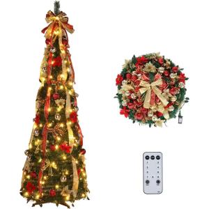 imageVINGLI 6ft Pre lit Pop Up Christmas Tree with Lights PreDecorated Artificial Pencil Xmas Tree Collapsible Christmas Tree Holiday Party Decorations RedampampGoldRed  Gold