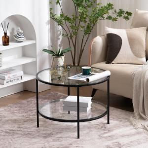 imageVINGLI 256quot Small Matte Black Round Coffee Table WaterWave Glass Circle Clear Coffee Table Center Table with 2Tier Modern Storage Design for Living Room Bedroom Meeting Room Balcony PatioClearmatte Black