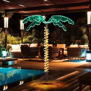 imageVINGLI 4FT Lighted Palm Tree Christmas Tree Outdoor for Outside Patio Pool Yard Holiday Decor Artificial Light up with Lifelike Leaves and Rope LEDs4FT
