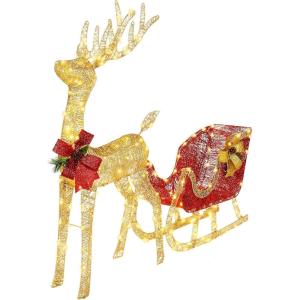 imageVINGLI Upgraded Large Lighted Reindeer and Sleigh Outdoor Christmas Decorations with 180 LED Lights Twinkling Santa Sleigh and Reindeer Holiday Ornaments Yard Decor for Home Lawn and Front YardGold Reindeer and Sleigh Set
