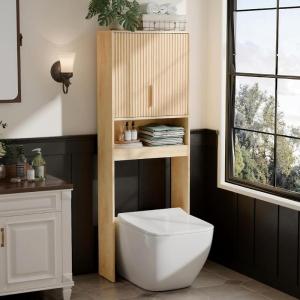 imageVINGLI Over The Toilet Storage Cabinet White Bathroom Storage Organizer Above The Toilet Shelf with Acrylic Glass Double Doors Wood Muebles para BaO Rack with Adjustable Shelf EspressoNatural Oak