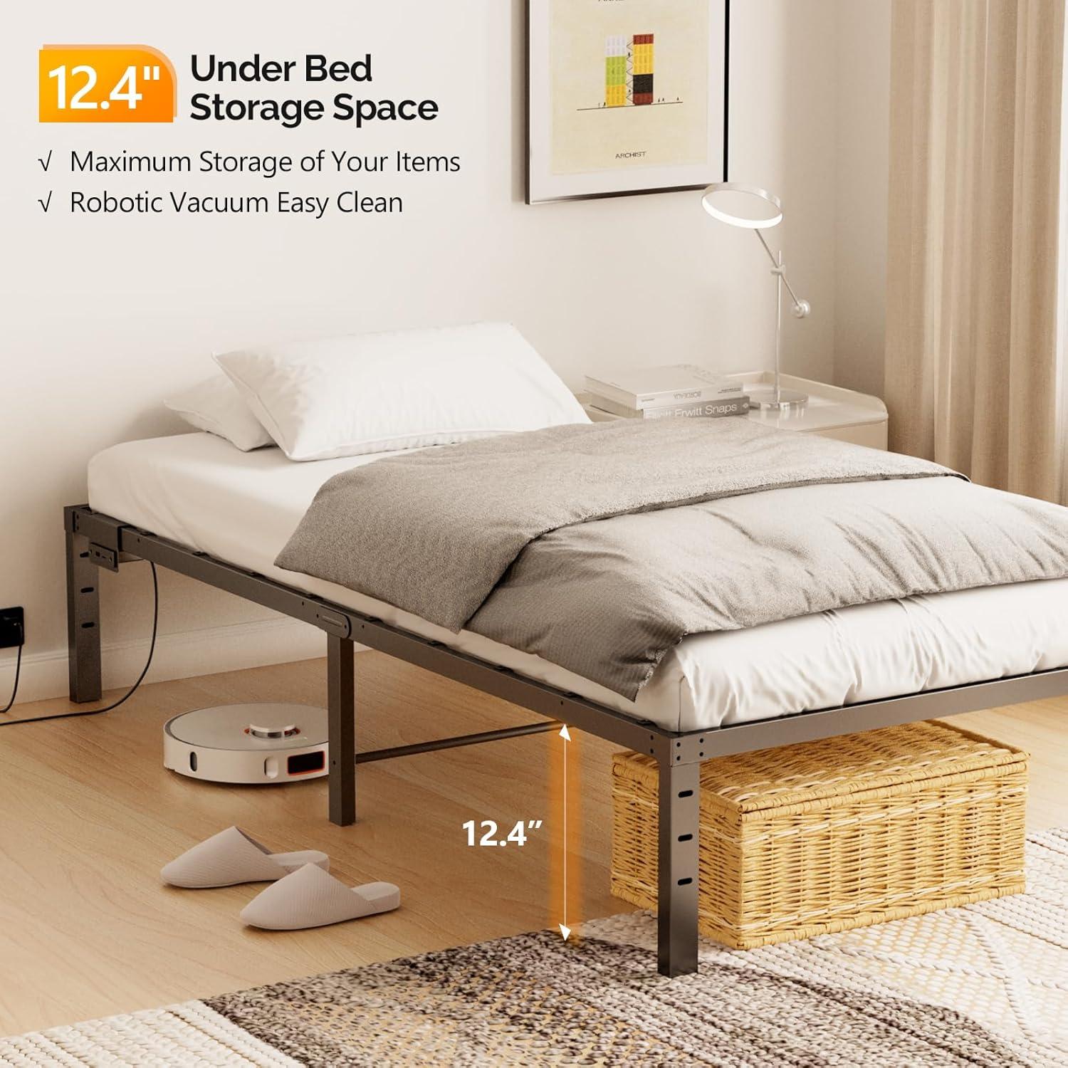 imageVINGLI 14 Inches Twin Bed Frames Set of 2 with Charging StationLED Lights Heavy Duty Single Panel Platform Bed Mattress Foundation Replacement Easy AssemlyBlackLed Black