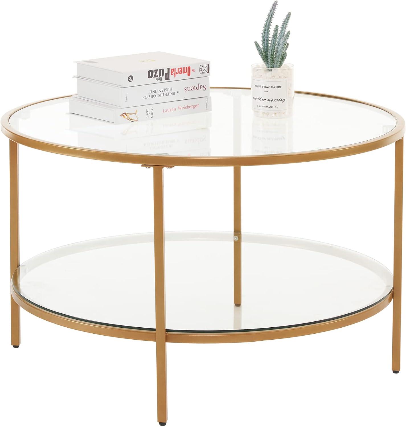 imageVINGLI 256quot Small Light Bright Green Round Coffee Table WaterWave Glass Circle Clear Center Coffee Table with 2Tier Modern Storage Design for Living Room Bedroom Meeting Room Balcony PatioClearmatte Gold