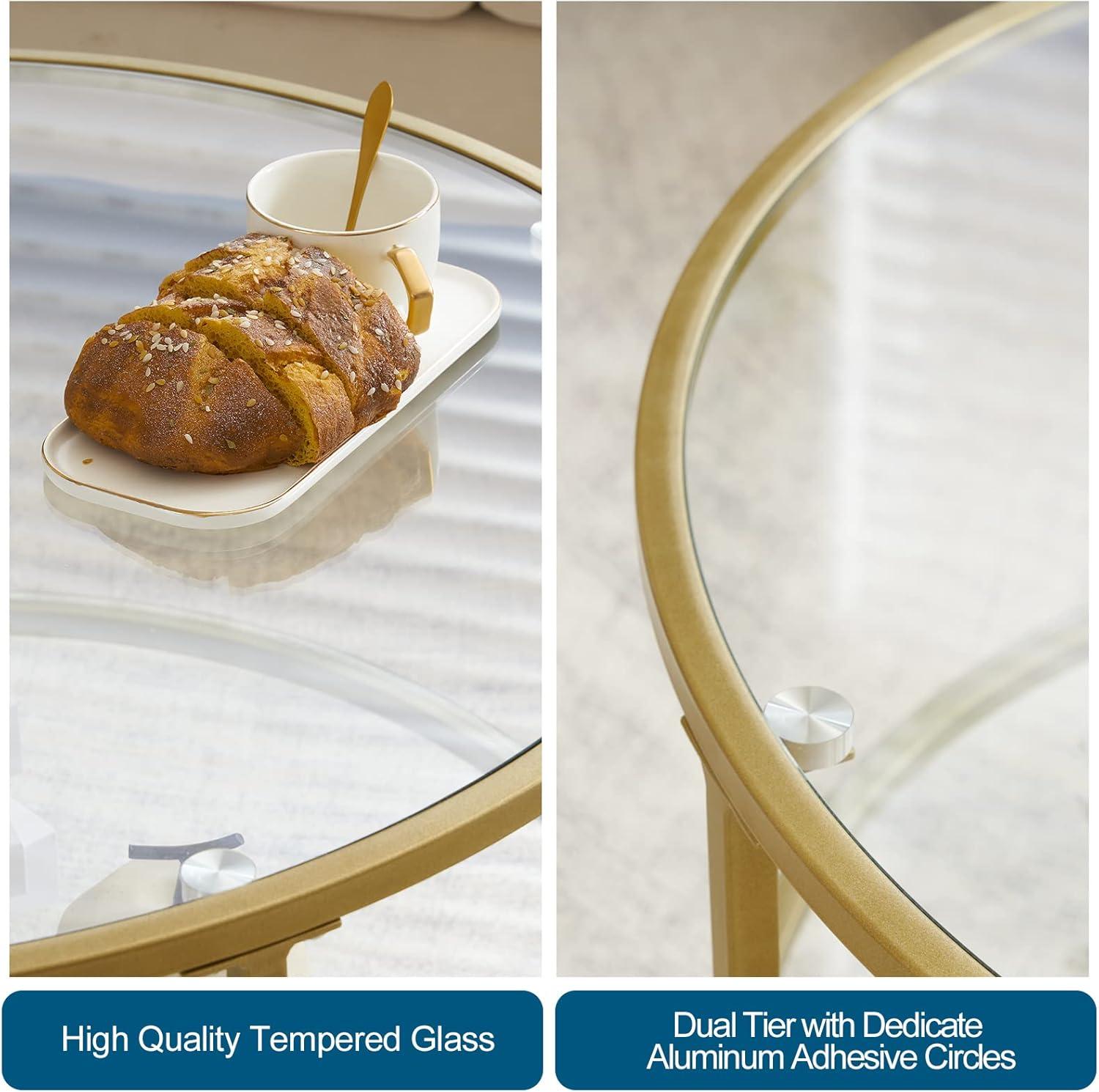 imageVINGLI 256quot Small Light Bright Green Round Coffee Table WaterWave Glass Circle Clear Center Coffee Table with 2Tier Modern Storage Design for Living Room Bedroom Meeting Room Balcony PatioClearchampagne Gold