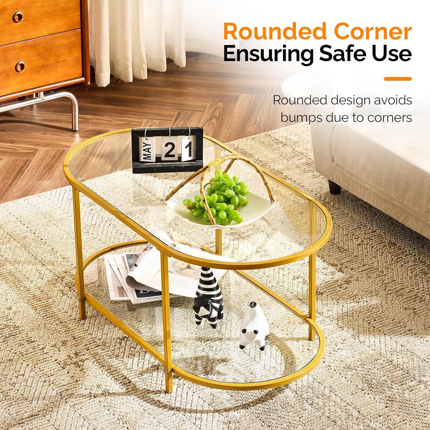 imageVINGLI 256quot Small Light Bright Green Round Coffee Table WaterWave Glass Circle Clear Center Coffee Table with 2Tier Modern Storage Design for Living Room Bedroom Meeting Room Balcony PatioClearoval Bright Gold