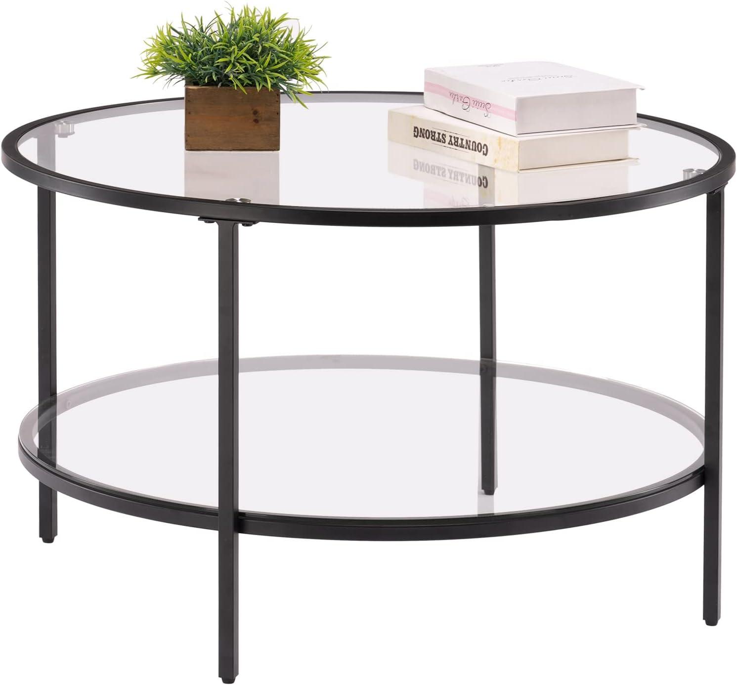 imageVINGLI 256quot Small Light Bright Green Round Coffee Table WaterWave Glass Circle Clear Center Coffee Table with 2Tier Modern Storage Design for Living Room Bedroom Meeting Room Balcony PatioClearmatte Black