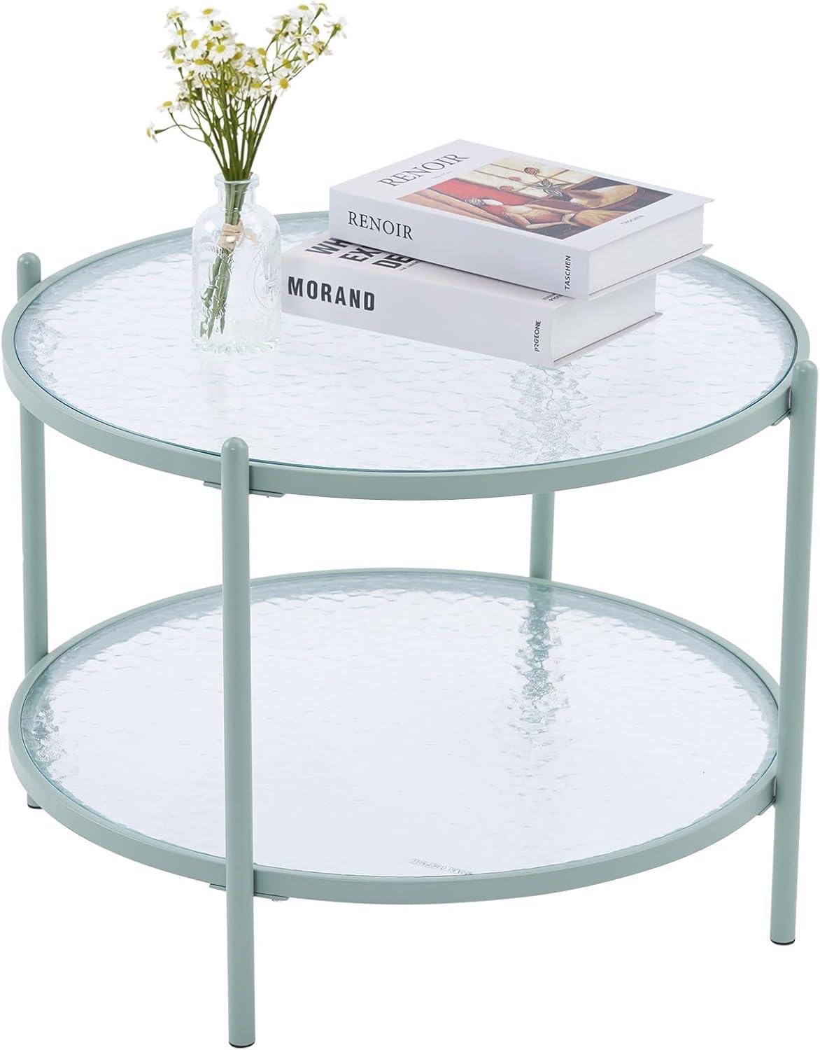 imageVINGLI 256quot Small Light Bright Green Round Coffee Table WaterWave Glass Circle Clear Center Coffee Table with 2Tier Modern Storage Design for Living Room Bedroom Meeting Room Balcony PatioWaterwavelight Green