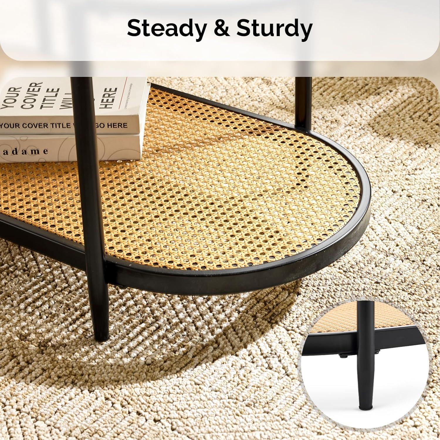 imageVINGLI 256quot Small Light Bright Green Round Coffee Table WaterWave Glass Circle Clear Center Coffee Table with 2Tier Modern Storage Design for Living Room Bedroom Meeting Room Balcony PatioGlassoval Rattan Black