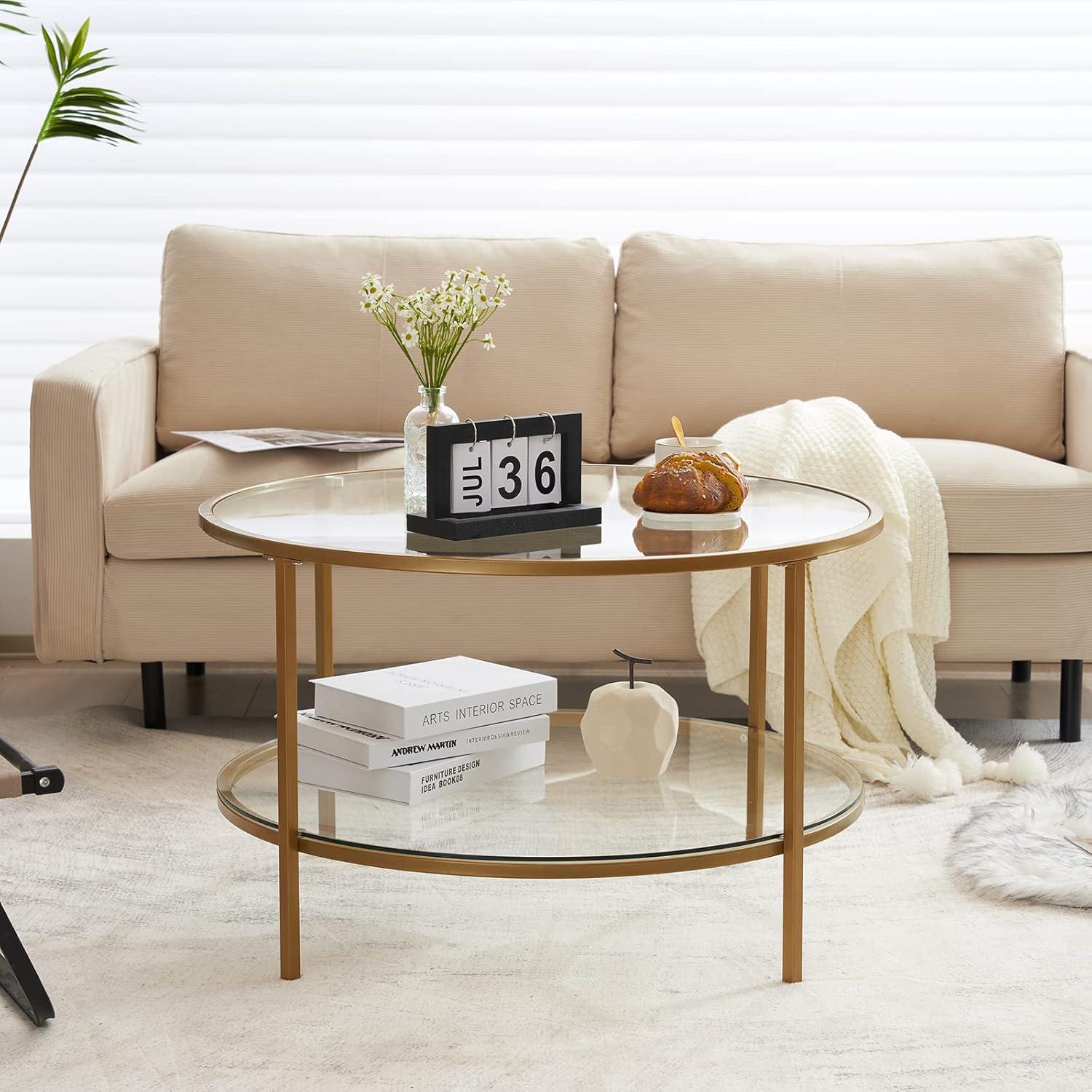 imageVINGLI 256quot Small Light Bright Green Round Coffee Table WaterWave Glass Circle Clear Center Coffee Table with 2Tier Modern Storage Design for Living Room Bedroom Meeting Room Balcony PatioClearmatte Gold