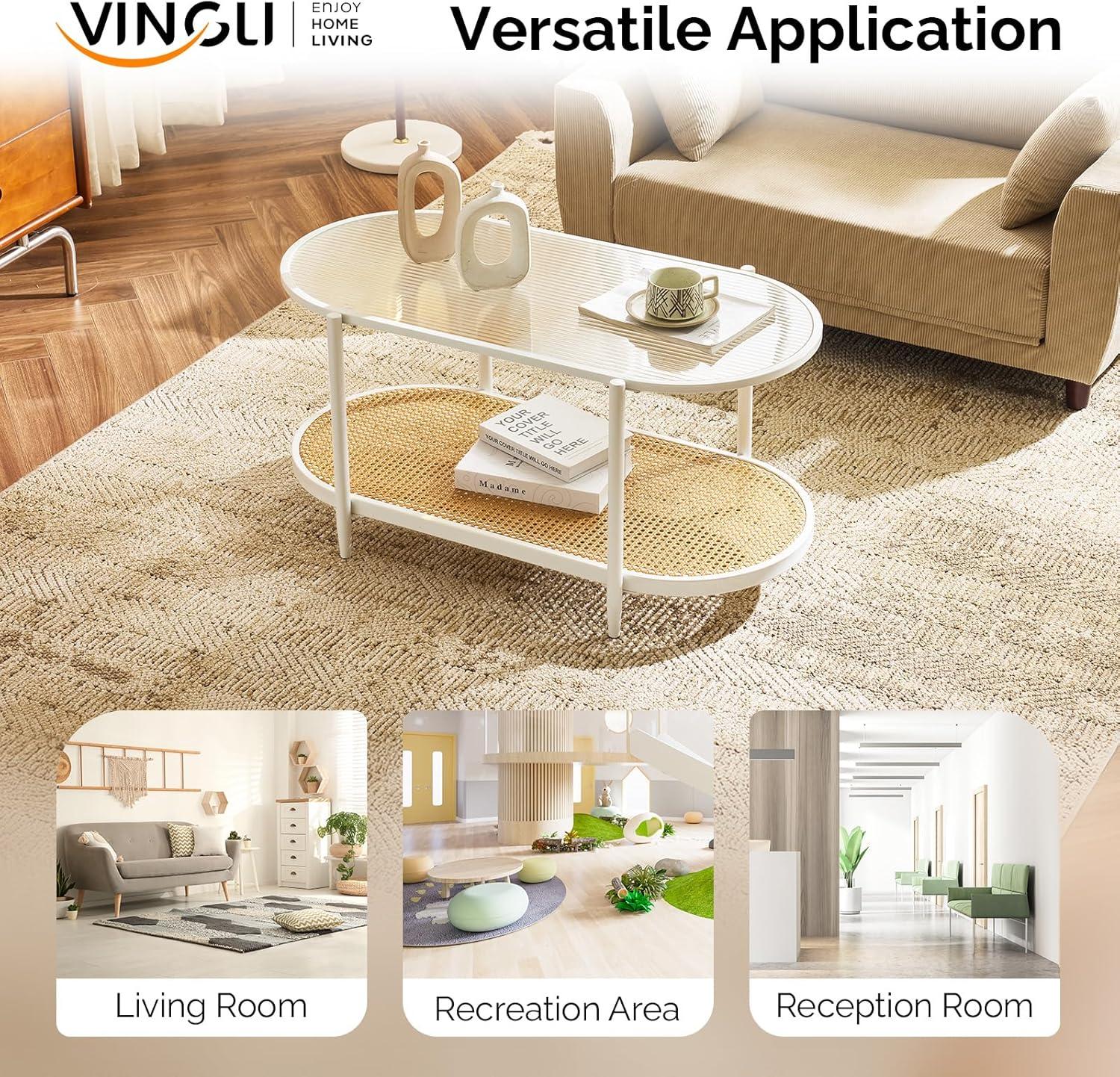 imageVINGLI 256quot Small Light Bright Green Round Coffee Table WaterWave Glass Circle Clear Center Coffee Table with 2Tier Modern Storage Design for Living Room Bedroom Meeting Room Balcony PatioGlassoval Rattan White