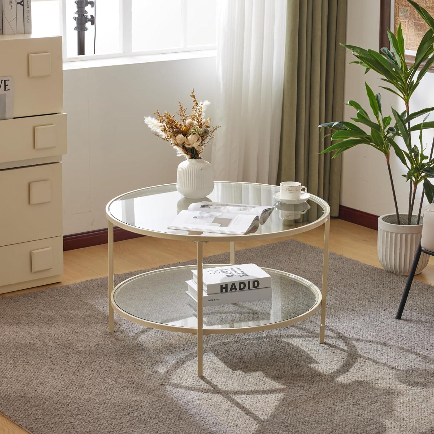 imageVINGLI 256quot Small Light Bright Green Round Coffee Table WaterWave Glass Circle Clear Center Coffee Table with 2Tier Modern Storage Design for Living Room Bedroom Meeting Room Balcony PatioClearbeige