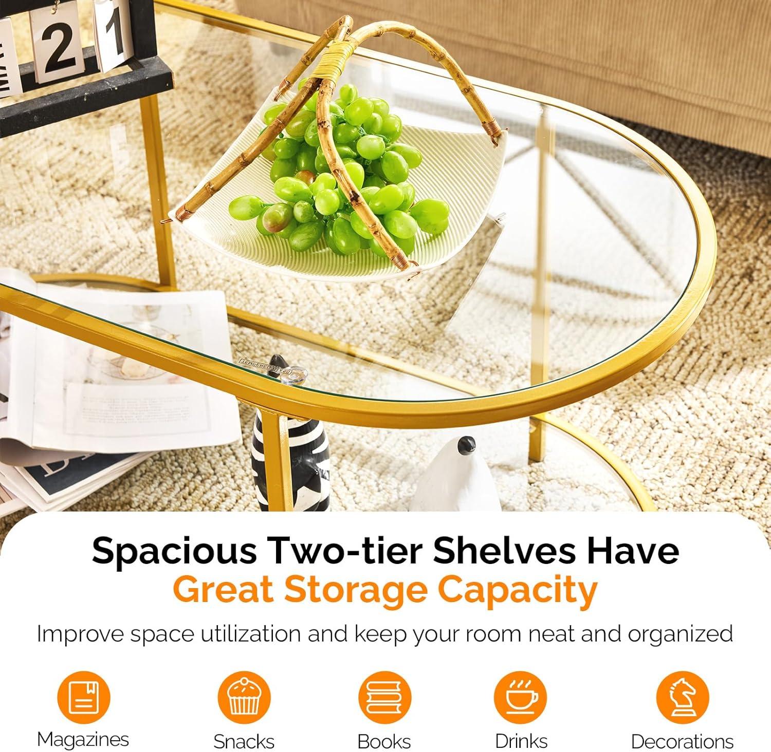 imageVINGLI 256quot Small Light Bright Green Round Coffee Table WaterWave Glass Circle Clear Center Coffee Table with 2Tier Modern Storage Design for Living Room Bedroom Meeting Room Balcony PatioClearoval Bright Gold