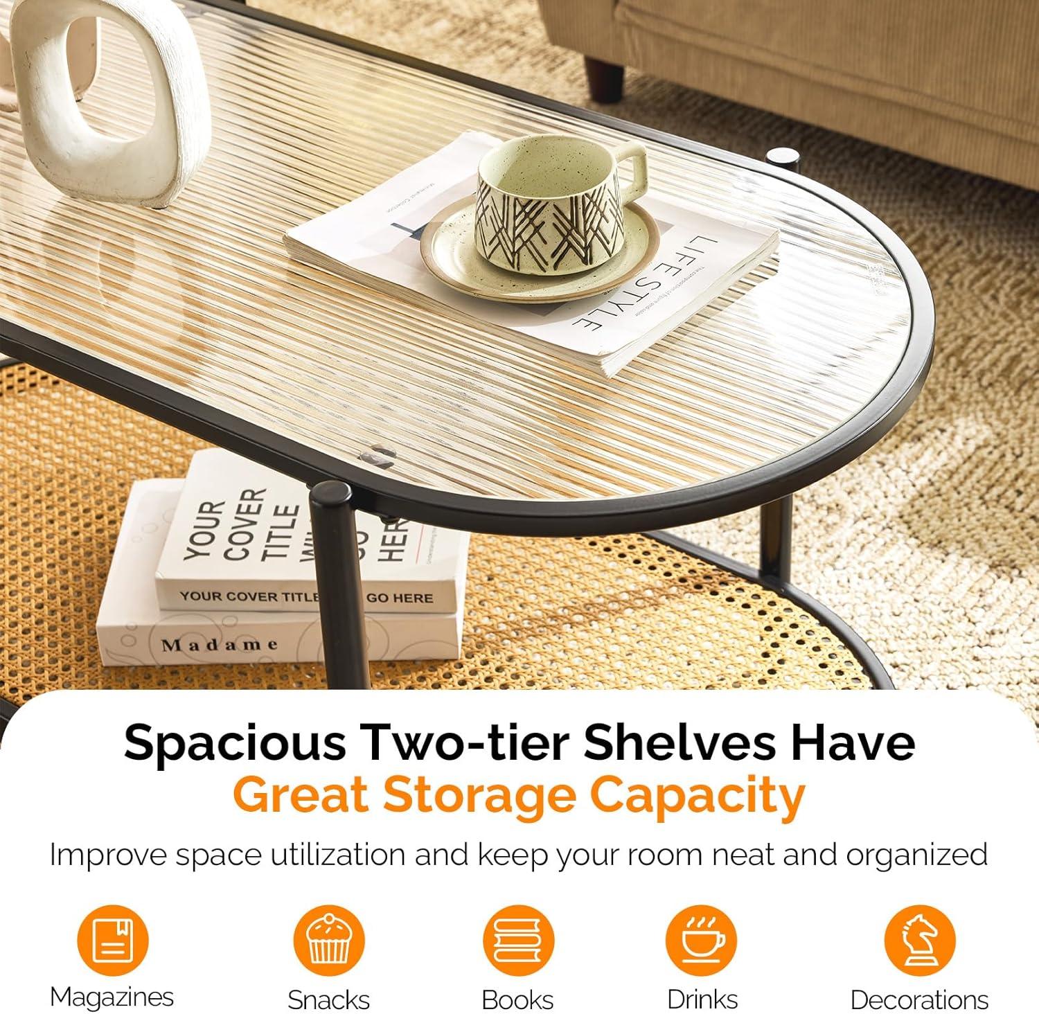 imageVINGLI 256quot Small Light Bright Green Round Coffee Table WaterWave Glass Circle Clear Center Coffee Table with 2Tier Modern Storage Design for Living Room Bedroom Meeting Room Balcony PatioGlassoval Rattan Black