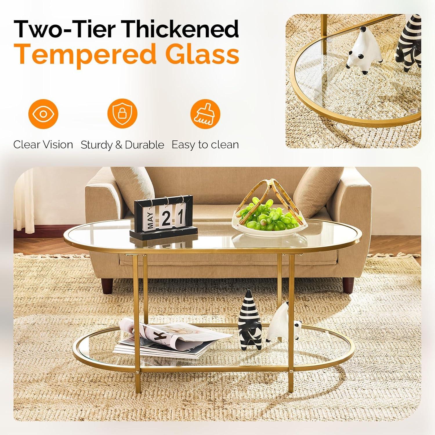 imageVINGLI 256quot Small Light Bright Green Round Coffee Table WaterWave Glass Circle Clear Center Coffee Table with 2Tier Modern Storage Design for Living Room Bedroom Meeting Room Balcony PatioClearoval Gold