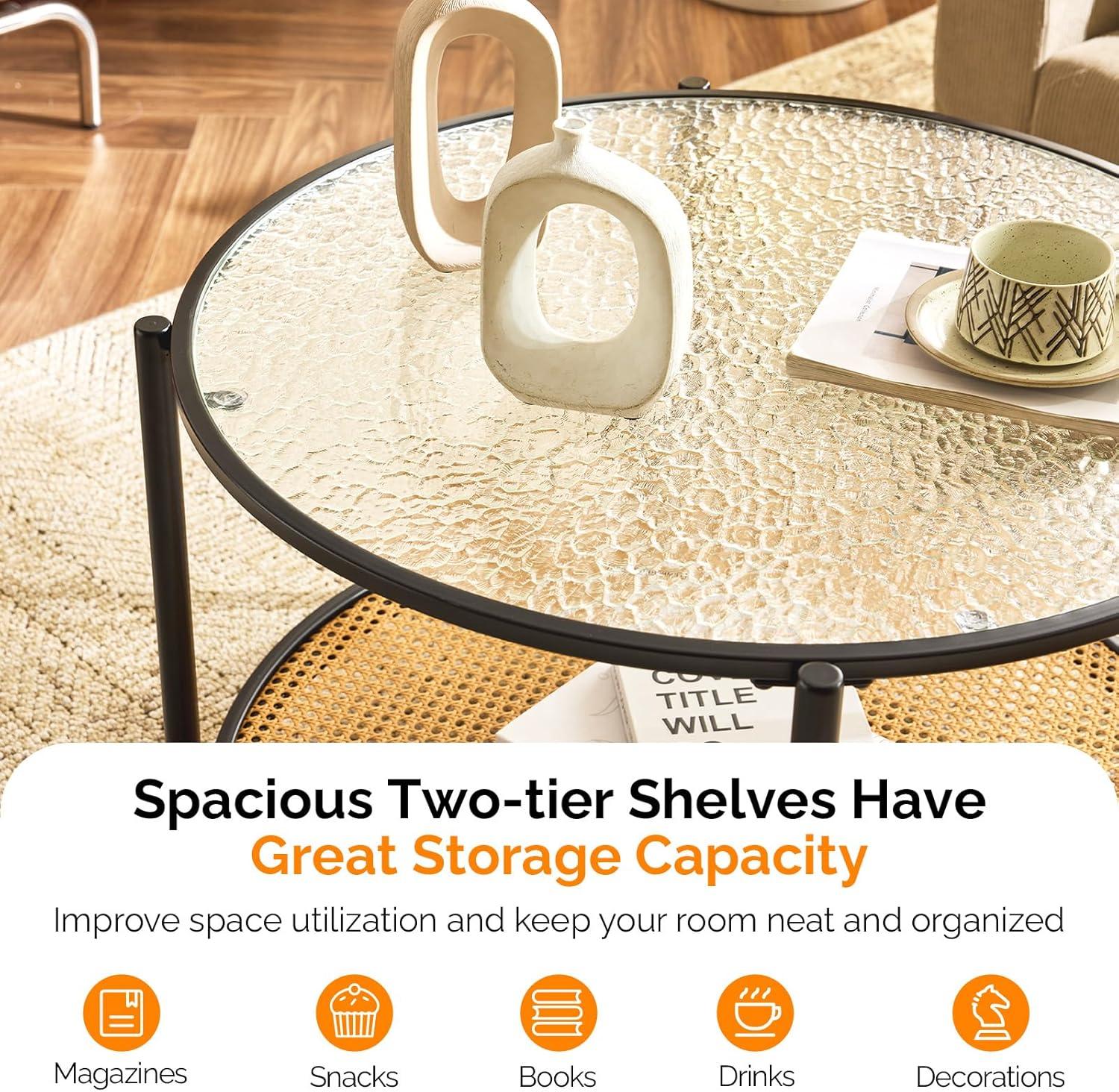 imageVINGLI 256quot Small Light Bright Green Round Coffee Table WaterWave Glass Circle Clear Center Coffee Table with 2Tier Modern Storage Design for Living Room Bedroom Meeting Room Balcony PatioWaterwaveround Rattan Black