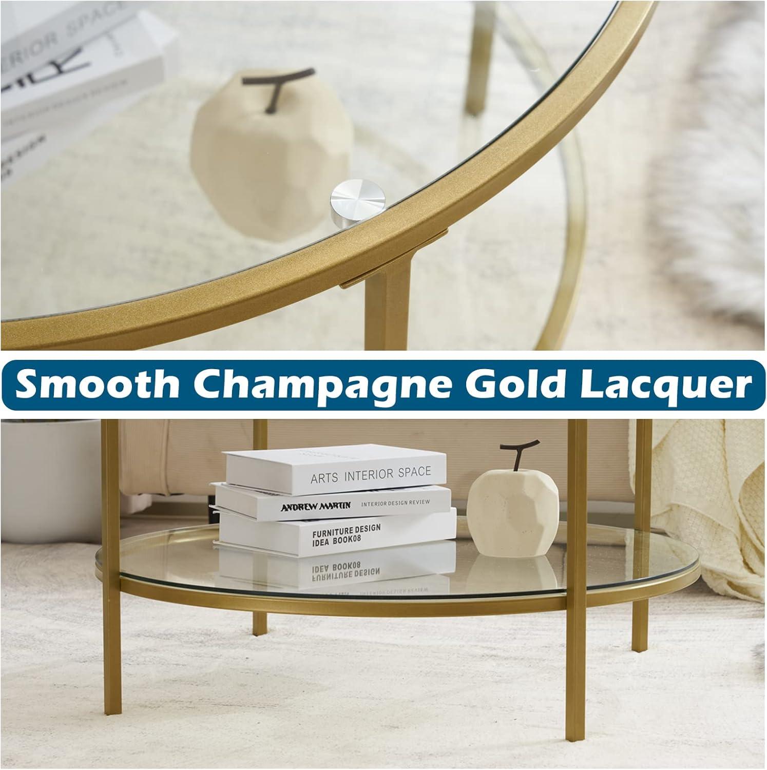 imageVINGLI 256quot Small Light Bright Green Round Coffee Table WaterWave Glass Circle Clear Center Coffee Table with 2Tier Modern Storage Design for Living Room Bedroom Meeting Room Balcony PatioClearchampagne Gold