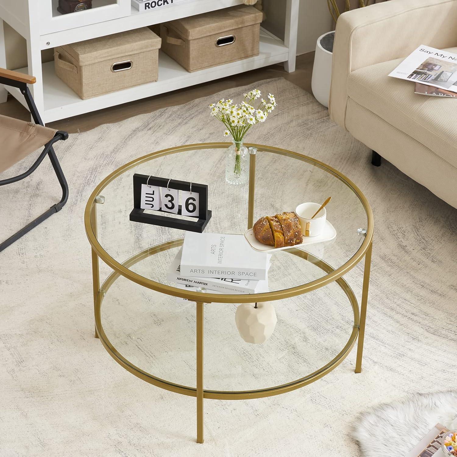imageVINGLI 256quot Small Light Bright Green Round Coffee Table WaterWave Glass Circle Clear Center Coffee Table with 2Tier Modern Storage Design for Living Room Bedroom Meeting Room Balcony PatioClearchampagne Gold