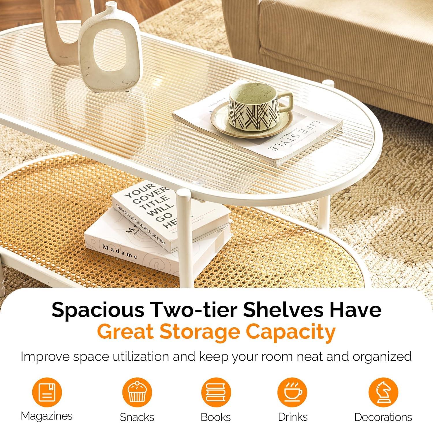 imageVINGLI 256quot Small Light Bright Green Round Coffee Table WaterWave Glass Circle Clear Center Coffee Table with 2Tier Modern Storage Design for Living Room Bedroom Meeting Room Balcony PatioGlassoval Rattan White