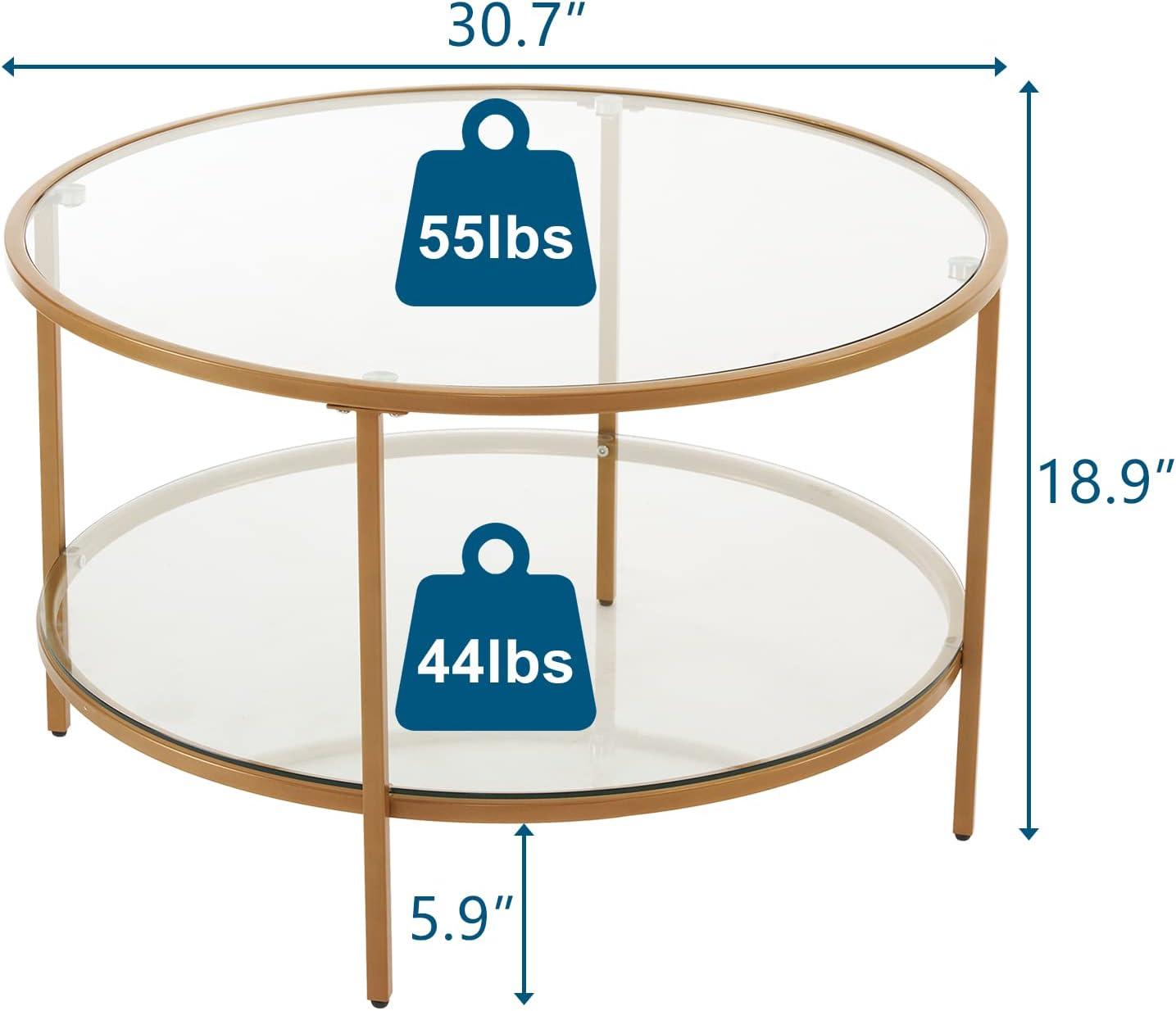 imageVINGLI 256quot Small Light Bright Green Round Coffee Table WaterWave Glass Circle Clear Center Coffee Table with 2Tier Modern Storage Design for Living Room Bedroom Meeting Room Balcony PatioClearmatte Gold
