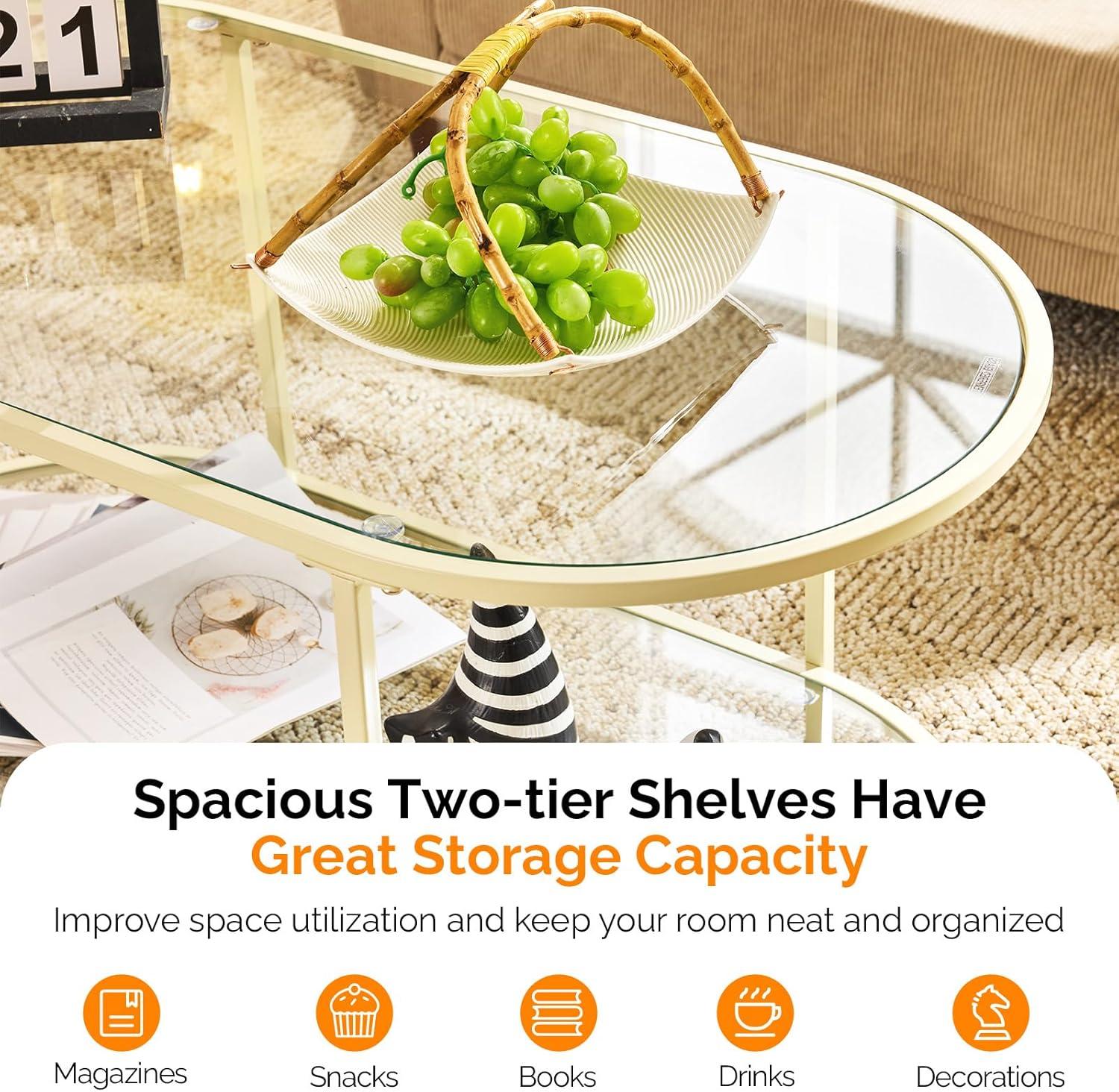 imageVINGLI 256quot Small Light Bright Green Round Coffee Table WaterWave Glass Circle Clear Center Coffee Table with 2Tier Modern Storage Design for Living Room Bedroom Meeting Room Balcony PatioClearoval Beige